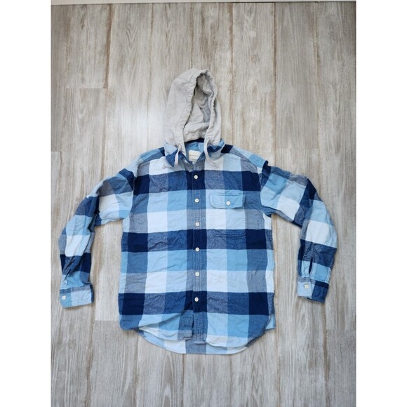 American Eagle Outfitters Other - American Eagle Super Soft Flannel Removable Hood Blue Plaid Drawstring Warm Sz L